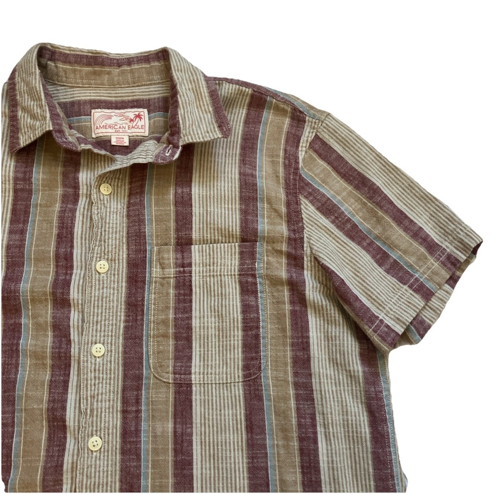 American Eagle Button Up Shirt Mens Medium Retro Stripe Resort Vacation Collar